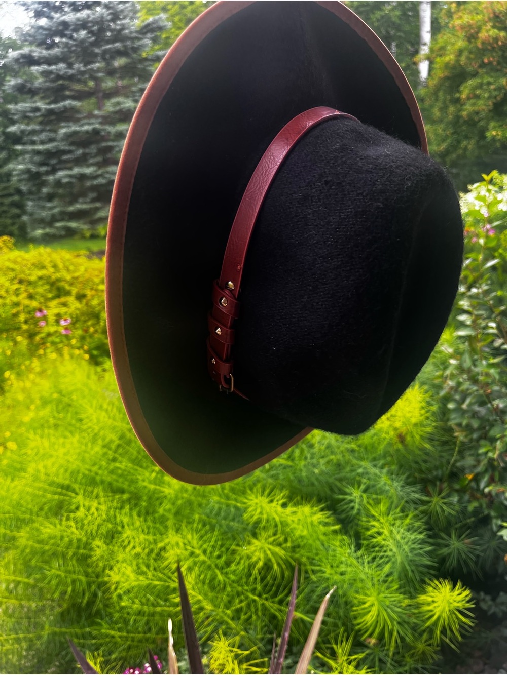 Anthropologie New Black Wool Felt Wide-Brim Hat with Brown Leather Band NWOT - Picture 4 of 16